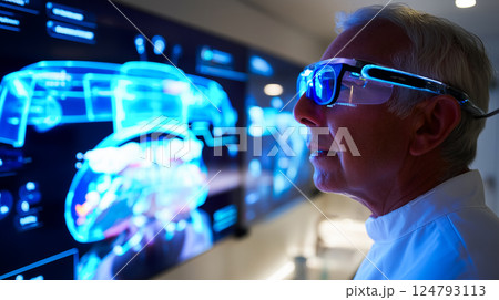 A dentist observing a holographic display showing real-time nanobot activity within a patient's mouth 124793113