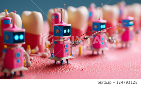 Army of tiny cleaning nanobots removing stubborn tartar buildup below the gumline 124793128