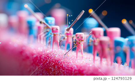 Army of tiny cleaning nanobots removing stubborn tartar buildup below the gumline 124793129