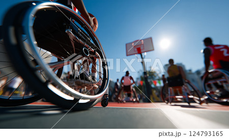 Wheelchair user playing basketball with friends 124793165