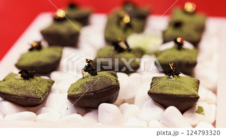 Luxurious matcha-infused dessert with a velvety green coating Luxurious matcha-infused dessert with a velvety green coating 124793320