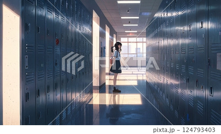 どこまでも続く廊下と教室から漏れる光 どこまでも続く廊下と教室から漏れる光 124793403