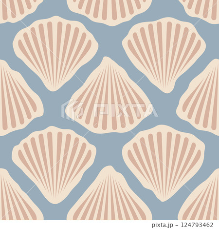 Retro seamless marine pattern of beige sea shells. Vintage geometric pattern of shells in 60s style. 124793462