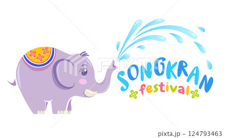 Vector banner for Songkran festival in Thailand with elephant on isolated background in kawaii style. Emblem for Songkran water festival. Vector banner for Songkran festival in Thailand with elephant on isolated background in kawaii style. Emblem for Songkran water festival. 124793463