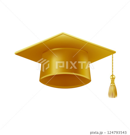 Realistic gold graduate cap. 3D Graduation Doctoral hat. 124793543