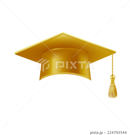 Realistic gold graduate cap. 3D Graduation Doctoral hat. 124793544