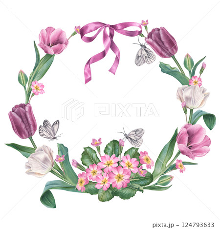 Wreath with tulips, primrose, green leaves and purple bow. Hand drawn watercolor illustration of round border frame of spring flowers on isolated background. Element for design of cards and stickers Wreath with tulips, primrose, green leaves and purple bow. Hand drawn watercolor illustration of round border frame of spring flowers on isolated background. Element for design of cards and stickers 124793633