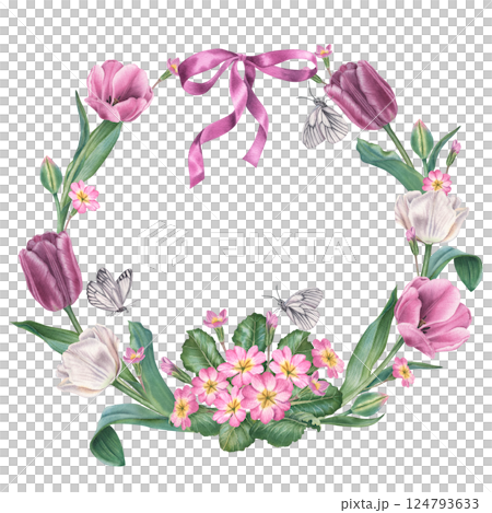 Wreath with tulips, primrose, green leaves and purple bow. Hand drawn watercolor illustration of round border frame of spring flowers on isolated background. Element for design of cards and stickers 124793633