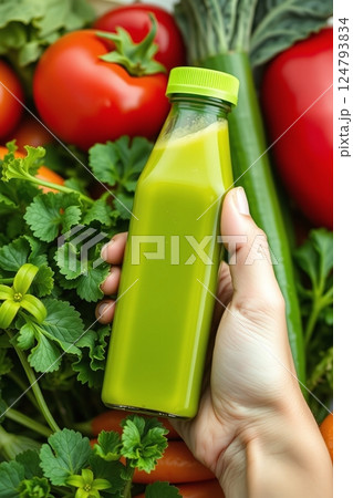 Human hand holding bottle with green smoothie. Healthy vegetable drink 124793834