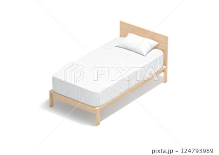 Blank wooden single bed with white bedding mockup, side view 124793989