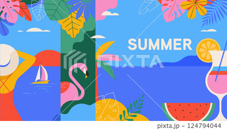 Colorful Geometric Summer and Travel Background, poster, banner. Summer time fun concept design 124794044