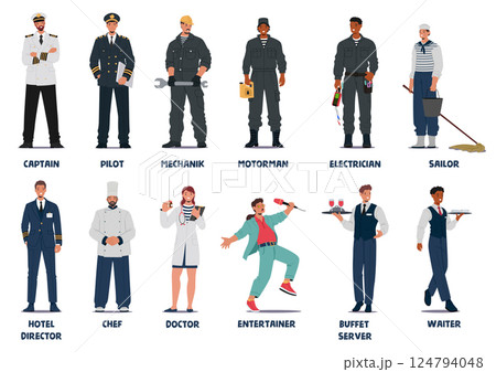 Sea cruise crew isolated set with man and woman providing different important services on board 124794048