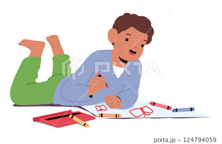 Inspirational boy child cartoon character drawing butterfly on paper isolated on white background 124794059