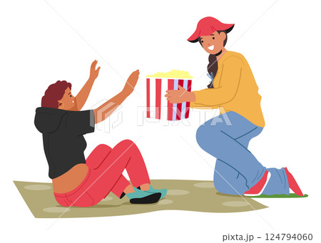 Girl friends cartoon character on picnic resting together eating popcorn snacks at outdoor festival Girl friends cartoon character on picnic resting together eating popcorn snacks at outdoor festival 124794060