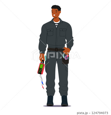 Electrician sailor cartoon sea cruise crew character wearing uniform holding professional tools Electrician sailor cartoon sea cruise crew character wearing uniform holding professional tools 124794073