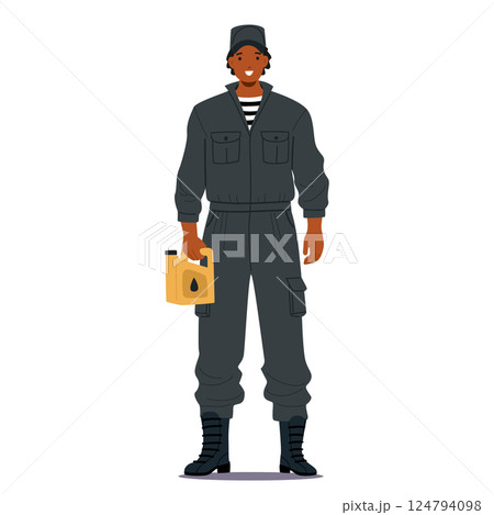 Motorman ship repair and maintenance service crew staff carrying oil canister isolated on white Motorman ship repair and maintenance service crew staff carrying oil canister isolated on white 124794098