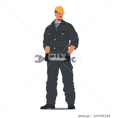 Mechanic sea cruise crew cartoon character wearing uniform holding wrench isolated on white Mechanic sea cruise crew cartoon character wearing uniform holding wrench isolated on white 124794104