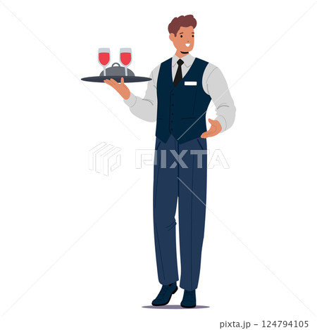 Young elegant man buffet server cartoon character with tray with drinks and food isolated on white Young elegant man buffet server cartoon character with tray with drinks and food isolated on white 124794105