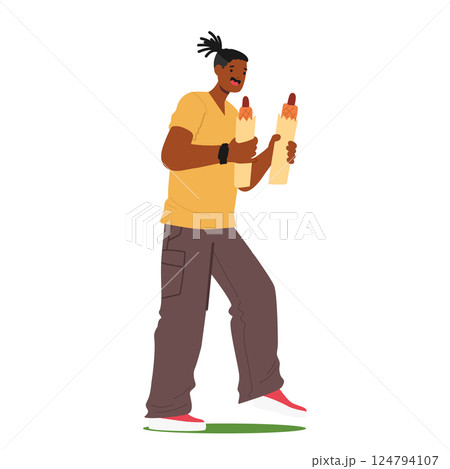 Hipster young guy cartoon character with two portion of hot-dog fast food walking isolated on white 124794107