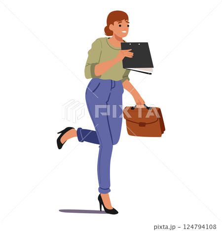 Businesswoman cartoon character hurrying running in rush having stressed work situation and deadline Businesswoman cartoon character hurrying running in rush having stressed work situation and deadline 124794108