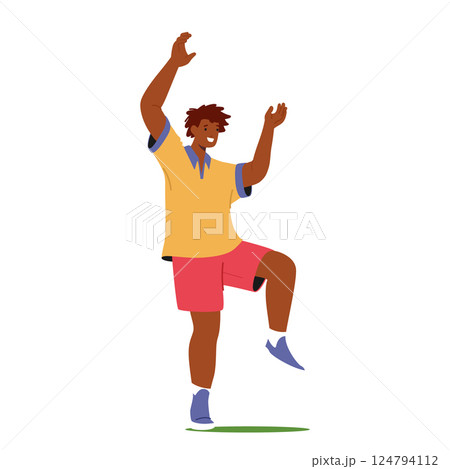 Happy teenage guy cartoon character dancing having fun parting feeling positive isolated on white 124794112