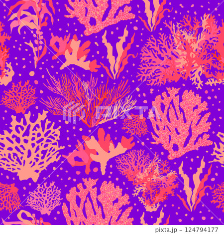 Bright vector seamless abstract pattern with pink corals and seaweed on blue-violet background 124794177