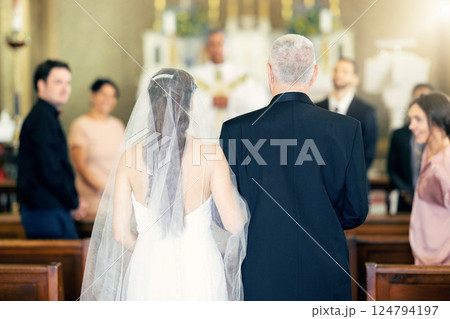 Wedding, event and father with bride at chapel for celebration, faith and marriage ceremony. Happy, family and church with dad and daughter walking in aisle for love, pride and Christian belief 124794197
