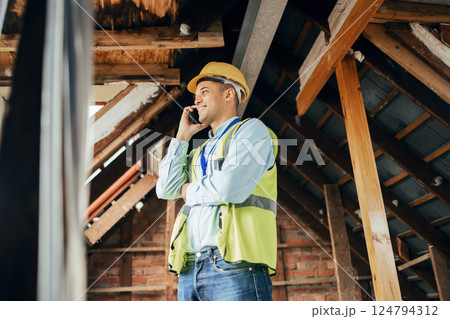 Architecture, construction and phone call with male architect planning a building project with communication. Engineer, man and cellphone conversation for construction worker home renovation project 124794312
