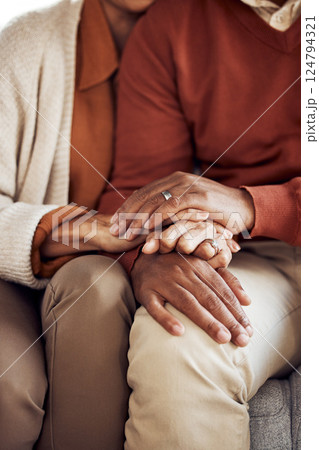 Love, black couple and holding hands together for marriage, quality time and happiness for bonding and retired. Retirement, African American man and woman with romantic hand gesture and anniversary. 124794321