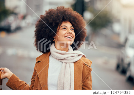 Black woman, happy vision and fashion in city outdoors for mental health, relax and beauty lifestyle. Young African american girl smile, success motivation and thinking in urban town street outdoors Black woman, happy vision and fashion in city outdoors for mental health, relax and beauty lifestyle. Young African american girl smile, success motivation and thinking in urban town street outdoors 124794383