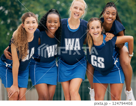 Diversity, girl team and netball game motivation, conversation and happy for collaboration, embrace and plan to win. Teamwork, sports women and smile for success, match strategy and huddle together. 124794408