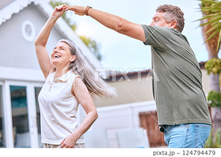 Senior couple, dancing and happy retirement in summer backyard garden for romance, quality time or relax together. Elderly man, smile woman and dance for anniversary, love and joy celebration outdoor 124794479