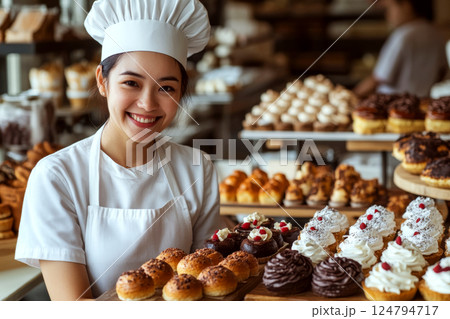 A smiling baker in white uniform and hat presents a tray of assorted pastries in a bakery. Concept of bakery and pastry presentation. For promoting bakery products and services. 124794717