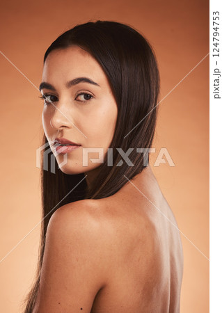Beauty, skincare and aesthetic portrait of woman with natural makeup, spa self care routine and luxury facial cosmetics. Dermatology, cosmetology and clean face of model after healthcare treatment 124794753