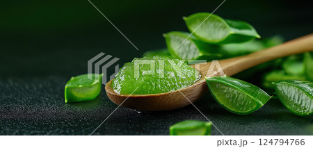 Rustic and homemade image wooden spoon on table with aloe vera gel, with whole and sliced aloe leaves, homemade and organic skincare theme. Copy space, place for text, banner 124794766