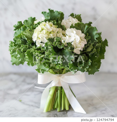 Creative floral arrangement, bright green cabbage leaves. Concept celebration, romance, love, Valentine's Day, wedding, copy space, banner, greeting card 124794794