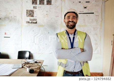 Engineer, technician or construction worker happy for working in office for construction, architecture and building project. Portrait of a manager with smile for vision, goal and career in engineerin 124794882