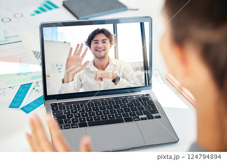 Wave, laptop and businessman video call, online meeting and collaboration conversation. Employee, digital device and discussion for feedback, presentation and start virtual call for training project. 124794894