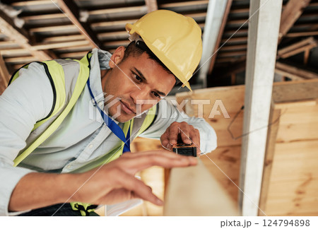 Wood, tools and carpenter man building project, furniture design or home renovation measure at construction site, workshop or manufacturing. Construction worker, contractor or builder working process 124794898