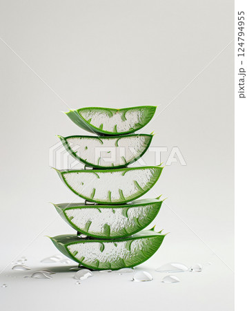 Aloe Vera sliced leaves stacked in pyramid, with fresh aloe gel droplets visible on pure white background 124794955