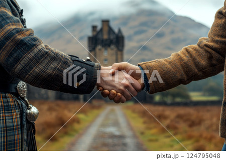 Two people are shaking hands on a countryside path with a castle in the background. Concept of agreement or partnership. For business collaboration. 124795048