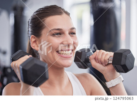 Fitness, exercise and woman with dumbbell in the gym doing workout, training and weight lifting. Health, wellness and happy female exercising with equipment in sports center with smile on face Fitness, exercise and woman with dumbbell in the gym doing workout, training and weight lifting. Health, wellness and happy female exercising with equipment in sports center with smile on face 124795063