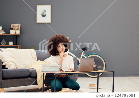 Student, study and black woman in home thinking of essay writing ideas for college art assignment. Creative, focus and opinion of young afro girl working on university project idea in house. 124795081