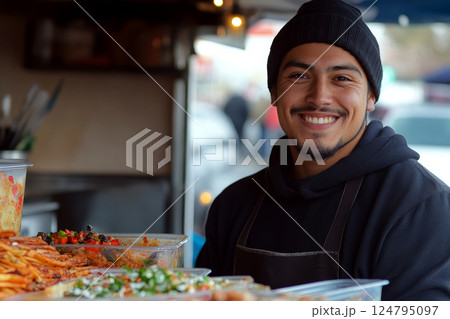 Smiling man wearing a beanie and apron stands at a food stall displaying various dishes in containers. Concept of street food vendor. For showcasing street food culture and market scenes. 124795097