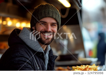 A man wearing a beanie smiles warmly while standing by a food stand with fries in view. Concept of outdoor food vendor. For promoting street food culture. 124795098