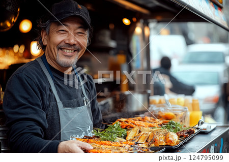 A smiling vendor stands at a food stall, presenting grilled dishes with greens in the foreground. Concept of street food and hospitality. For culinary promotion or street food events. 124795099