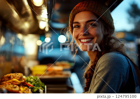 A woman in a beanie smiles beside a food truck counter with lights illuminating her face at dusk. Concept of happiness, street food, vibrant portrait. For food photography. 124795100