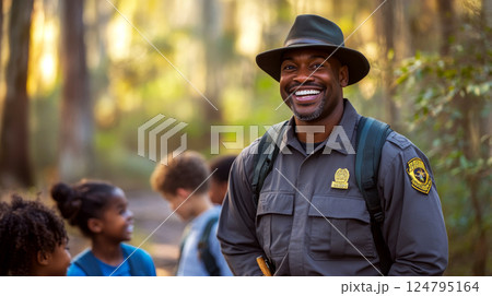 Smiling park ranger with badge on duty in...のイラスト素材 [124795164] - PIXTA