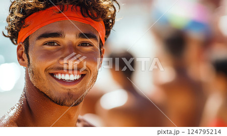 Young man wearing an orange headband smiles brightly at a sunny beach with people in the background. Concept of happiness, summer, and leisure. For a beach lifestyle photo. Young man wearing an orange headband smiles brightly at a sunny beach with people in the background. Concept of happiness, summer, and leisure. For a beach lifestyle photo. 124795214