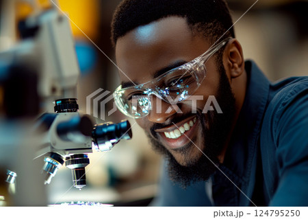 Man smiling while looking into microscope, wearing clear protective glasses in a laboratory setting. Concept of science and research. For science-related content 124795250